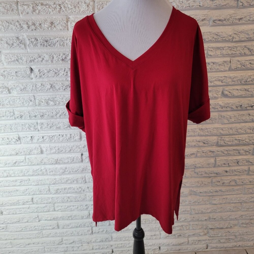 Zenana Red V-Neck Top Womens 1X Plus Size Short Sleeve Casual Basic Tee RED37E